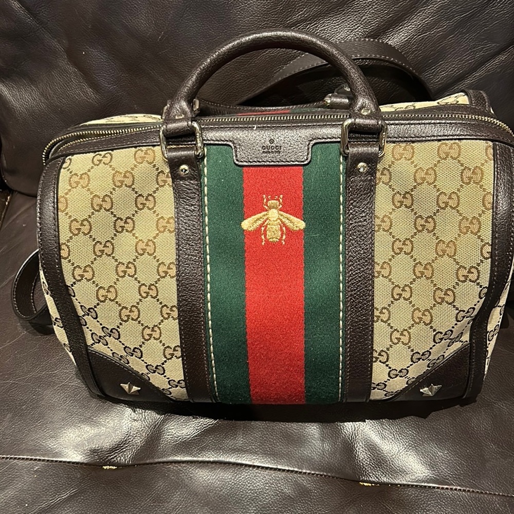 Gucci Bee Web Boston GG canvas stripe handbag brown medium tote bag